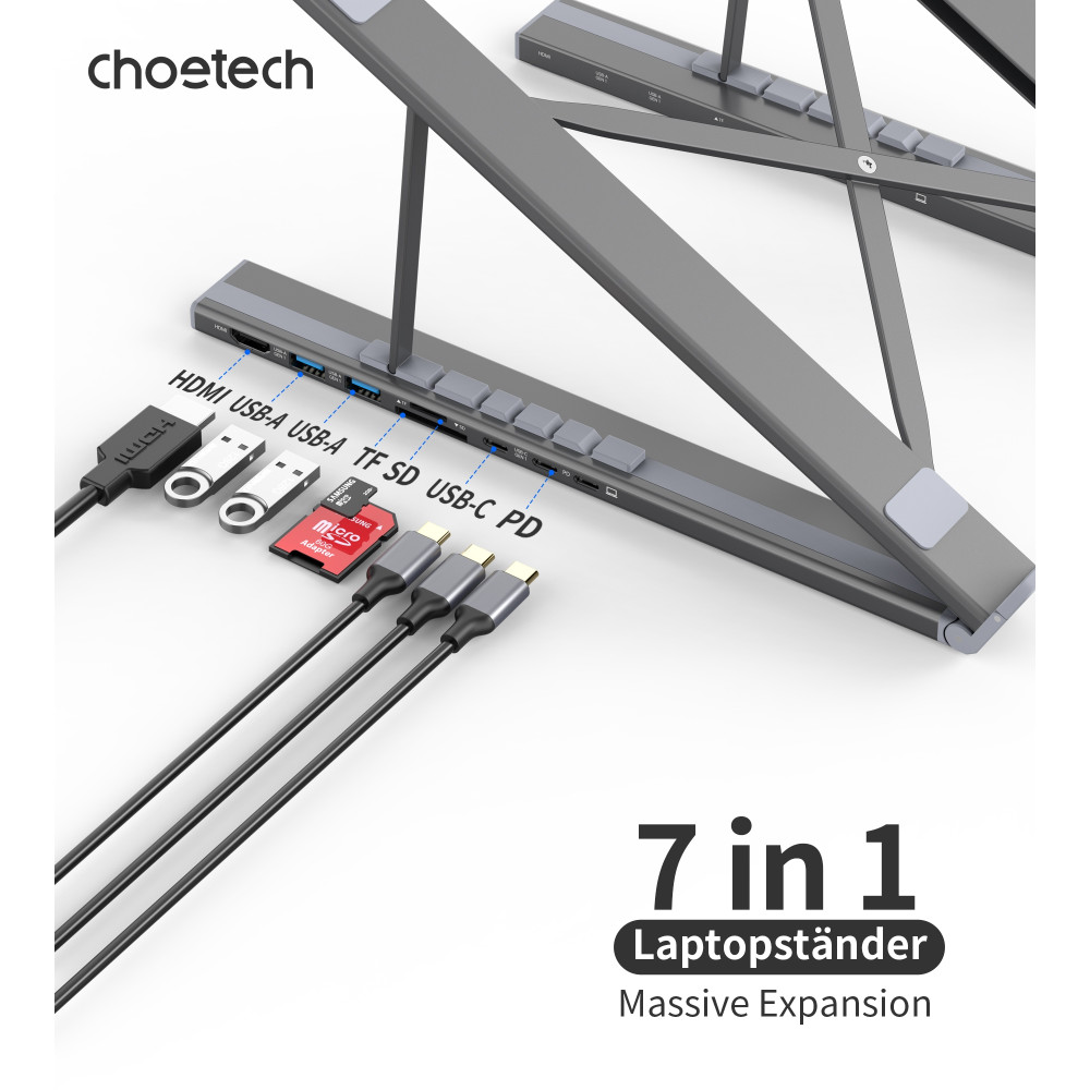 Choetech 6932112104281 HUB-M48 7in1 HUB + Foldable Laptop stand USB-C to (HDMI 4K/USB-A*2/TF&SD/USB-C x 1 with PD Charging) Grey - Image 2