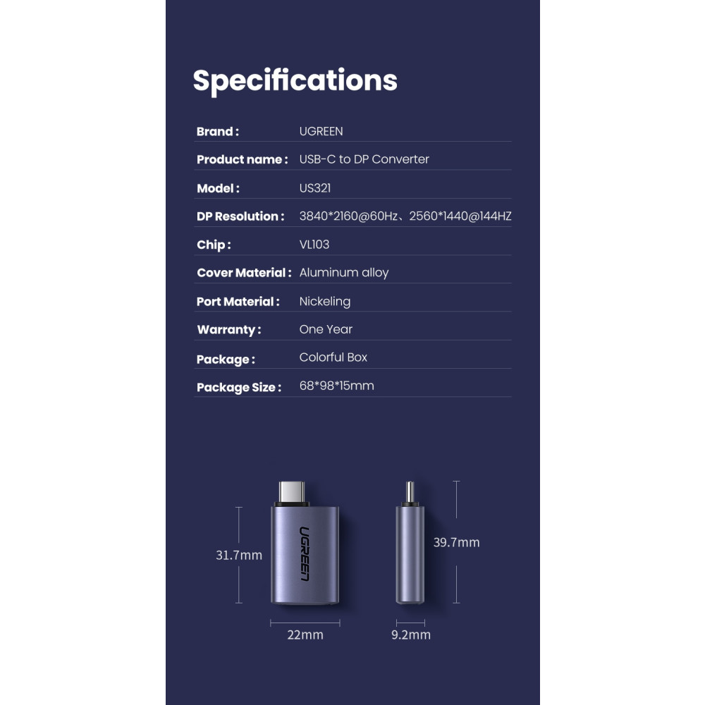 UGREEN 6957303874514 70451 USB-C Male to DP Female Adapter Aluminium Case 4K/2K 60Hz (Dark Gray) - Image 7