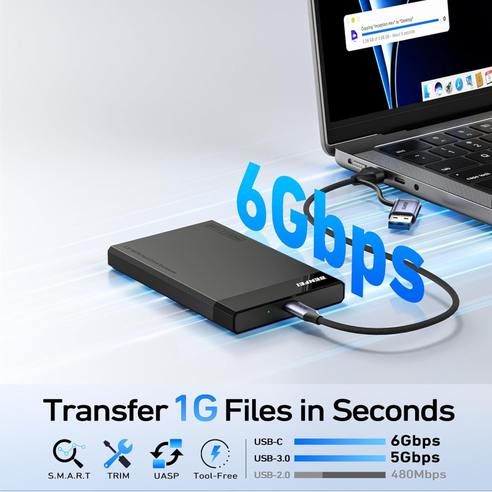 BENFEI 6971785944022 000385BK 2.5 Inch SATA to USB-A + USB-C Tool Free External Hard Drive Enclosure (6Gbps, Optimized for SSD, Support UASP SATA III) - Image 2
