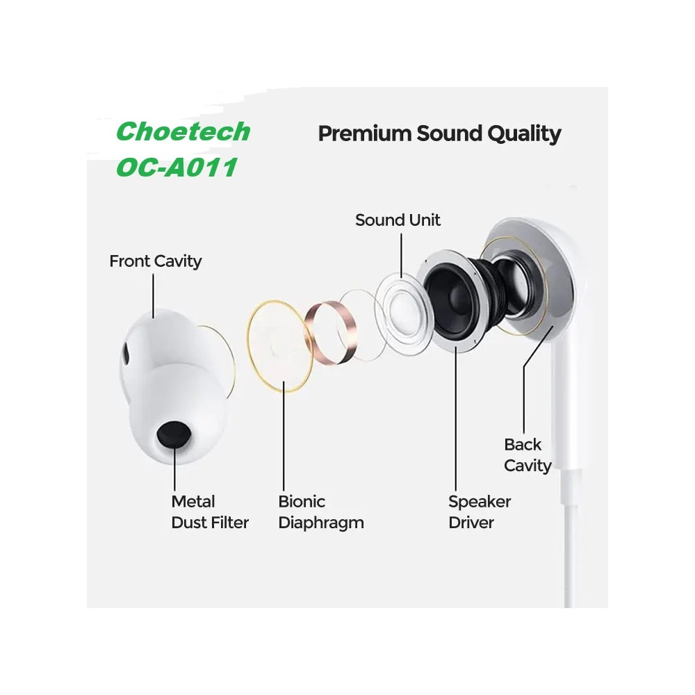 Choetech 6932112106629 OC-A011 USB-C In-Ear Headphones 1.2m - White - Image 7