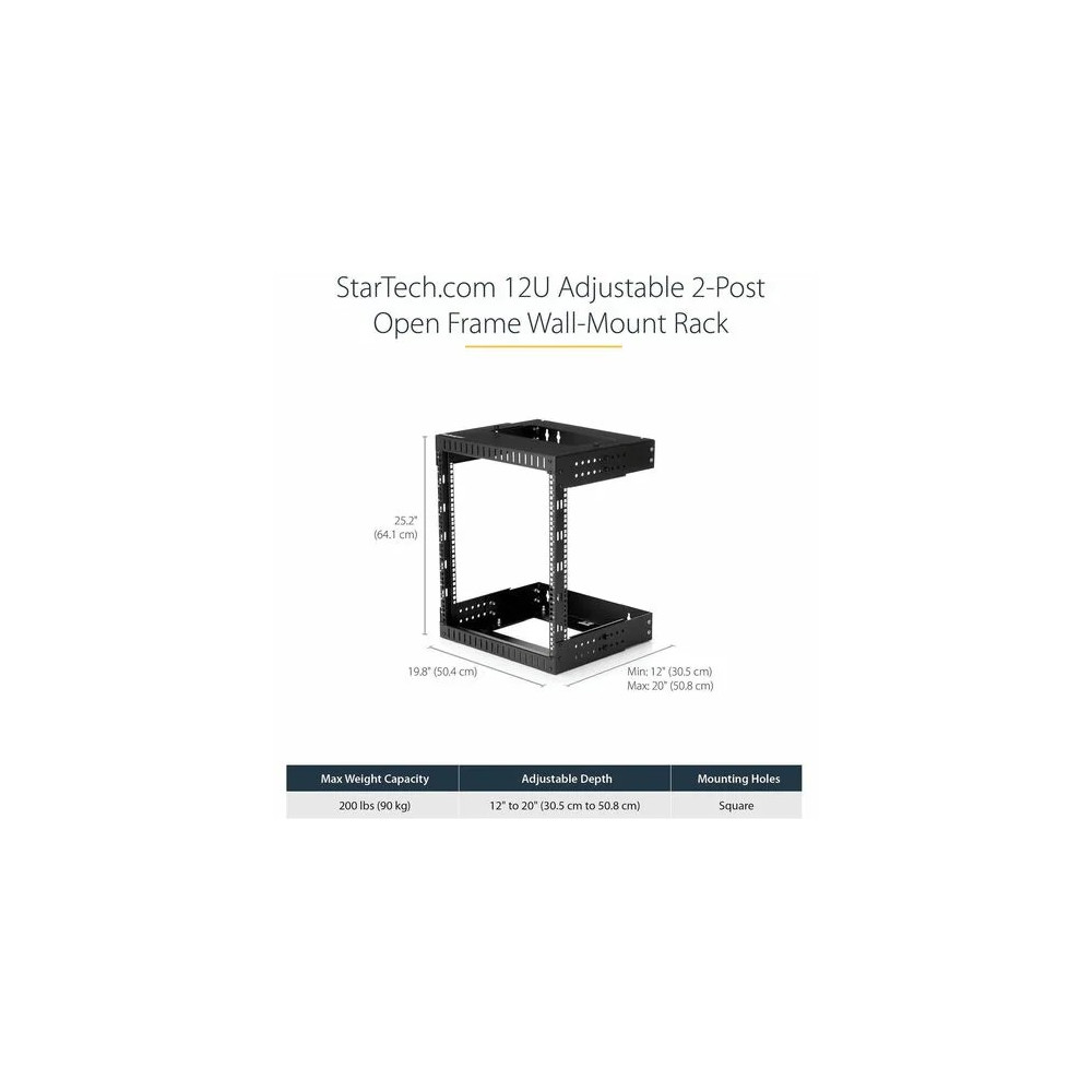 StarTech RK12WALLOA 2-Post 12U Heavy-Duty Wall Mount Network Rack, 19" Open Frame Server Rack with Adjustable Depth, Data Rack for IT Equipment~ - 2-Post 12U open frame network rack with adjustable depth (12-20in) - Durable heavy-duty 19" data s - Image 4