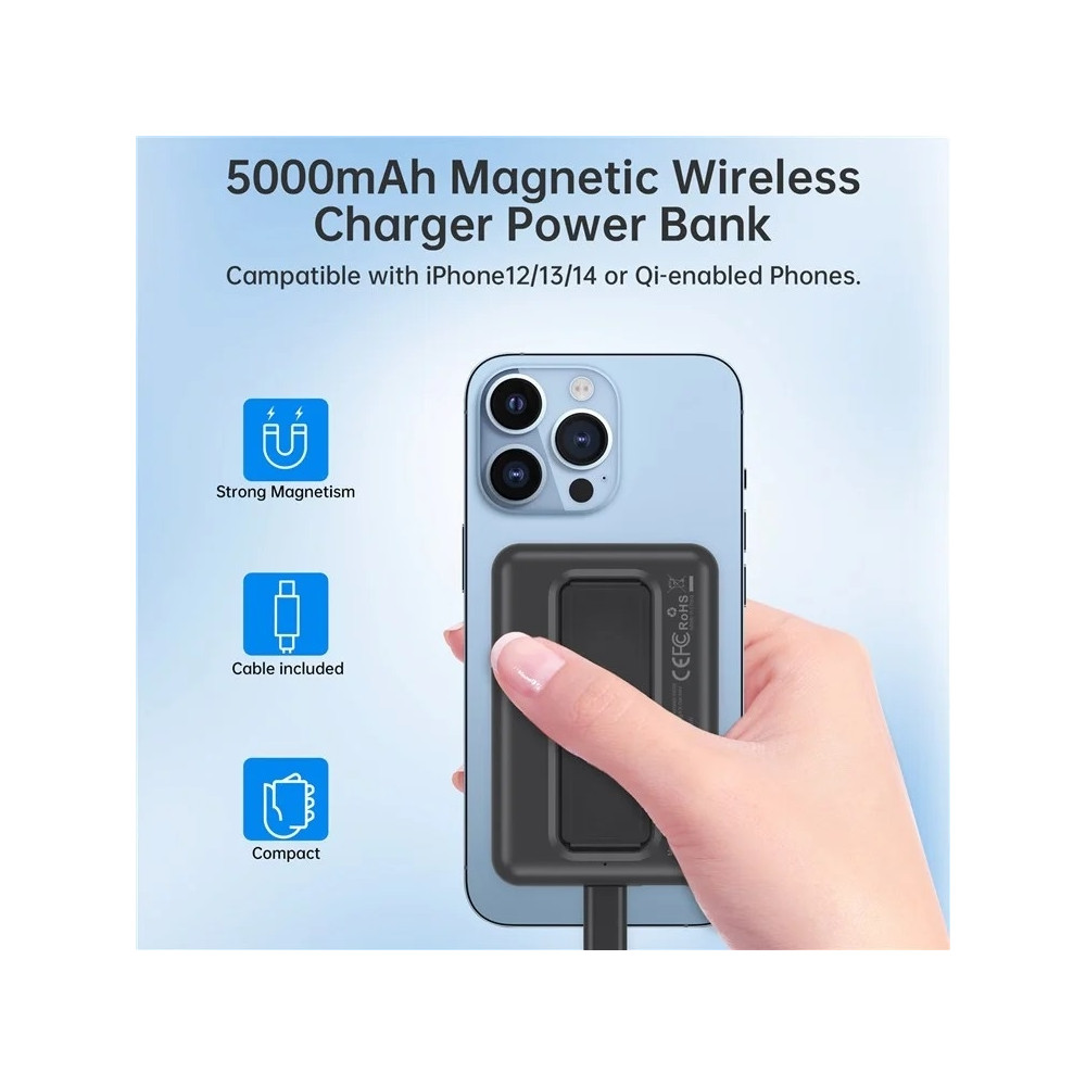Choetech 6932112105776 B662-BK USB-A + USB-C + Wireless Magnetic Power bank 5000mAh (Black) - Image 2