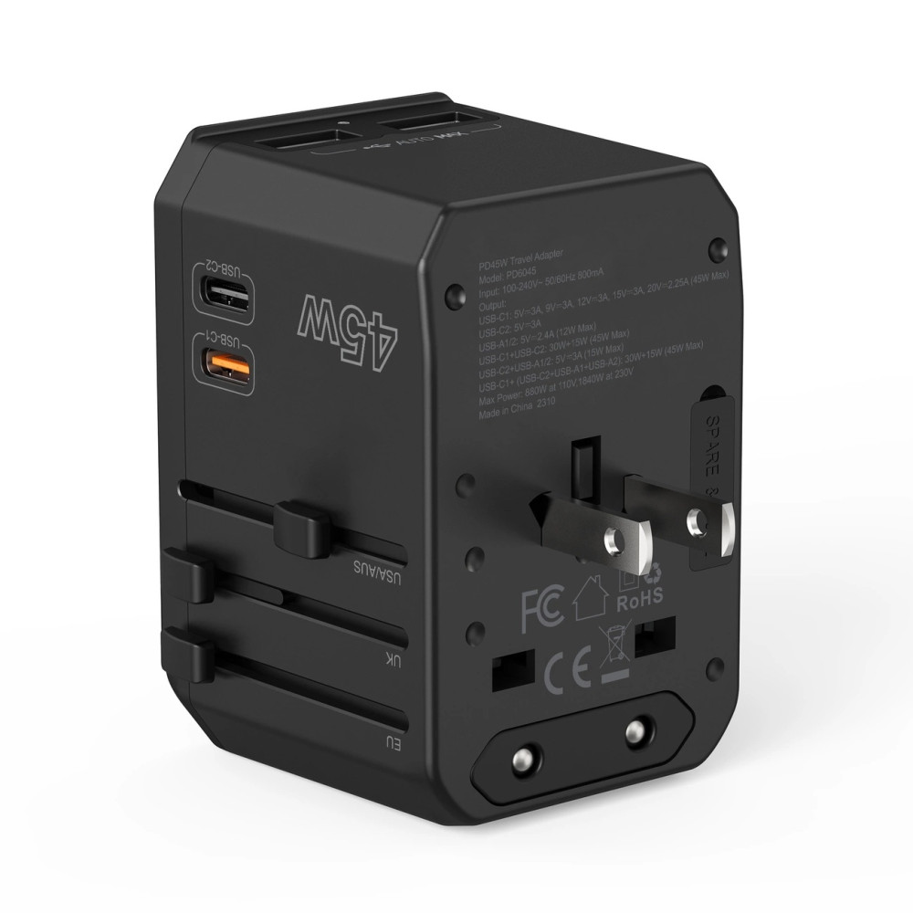 Choetech 6932112106209 PD6045 GaN Tech 2C+2A 45W Travel Adapter with US EU UK AU Plugs - Black - Image 9