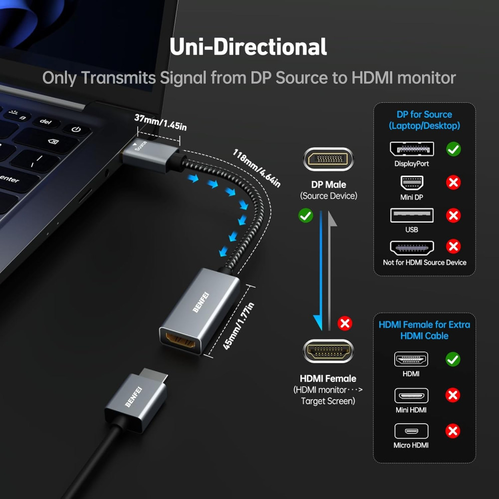 BENFEI B07JFTK8YV 000218GY 4K DisplayPort to HDMI Adapter Uni-Directional Aluminum Shell, Nylon Braided - Image 2