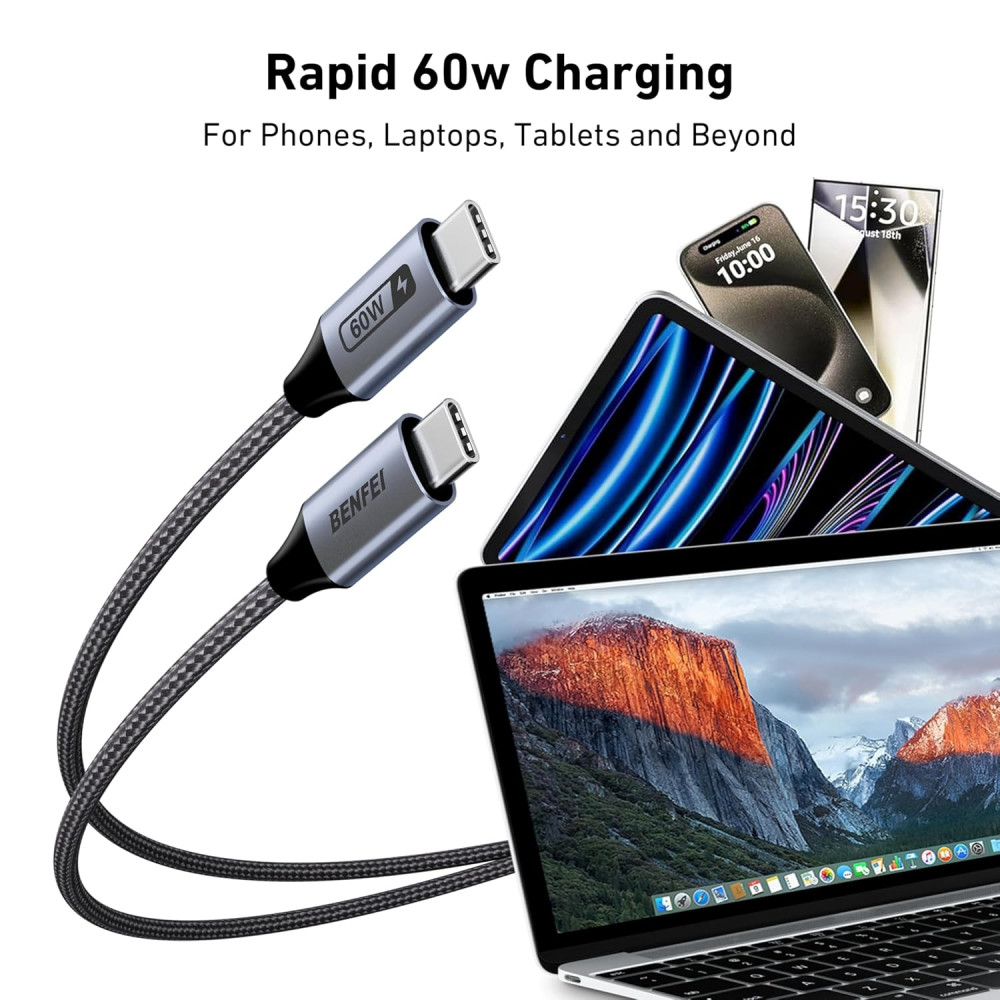 BENFEI 6971785943599 000382GY-4P USB C Fast Charging 60W Cable, 4-Pack(3.3ft/1M x 2 + /6.6ft/2M x 2) Nylon Braided Cable for I-phone 15/16/17 and Samsung / Google phone. - Image 2