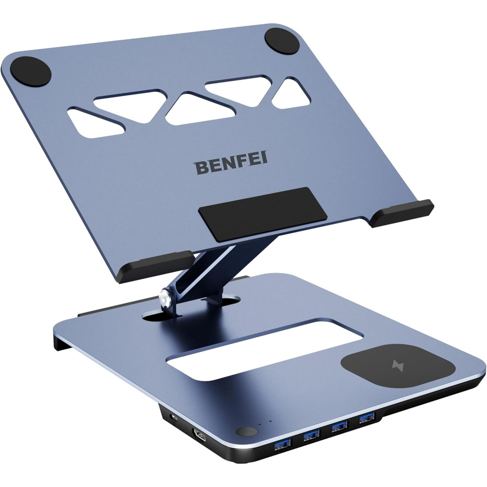 BENFEI 6971785943414 000366GY Laptop Stand with USB C Hub, Multi Function With USB and KVM Switch and 15W Wireless Charger - Image 1