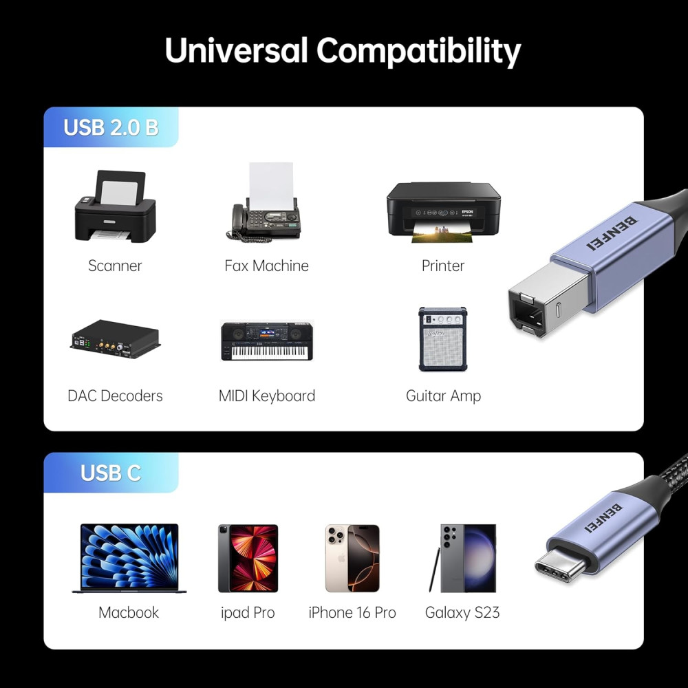 BENFEI 6971785944237 000405GY-1.5M USB B to USB C Printer Cable, Nylon Braided, Premium Aluminium Alloy Case 1.5M - Image 3