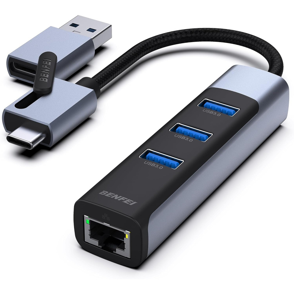 BENFEI B0CC4RDGXN 000350GY 2-in-1 USB-C+USB 3.0 to RJ45 Gigabit Ethernet Port + 3-Port USB 3.0 HUB - Image 1
