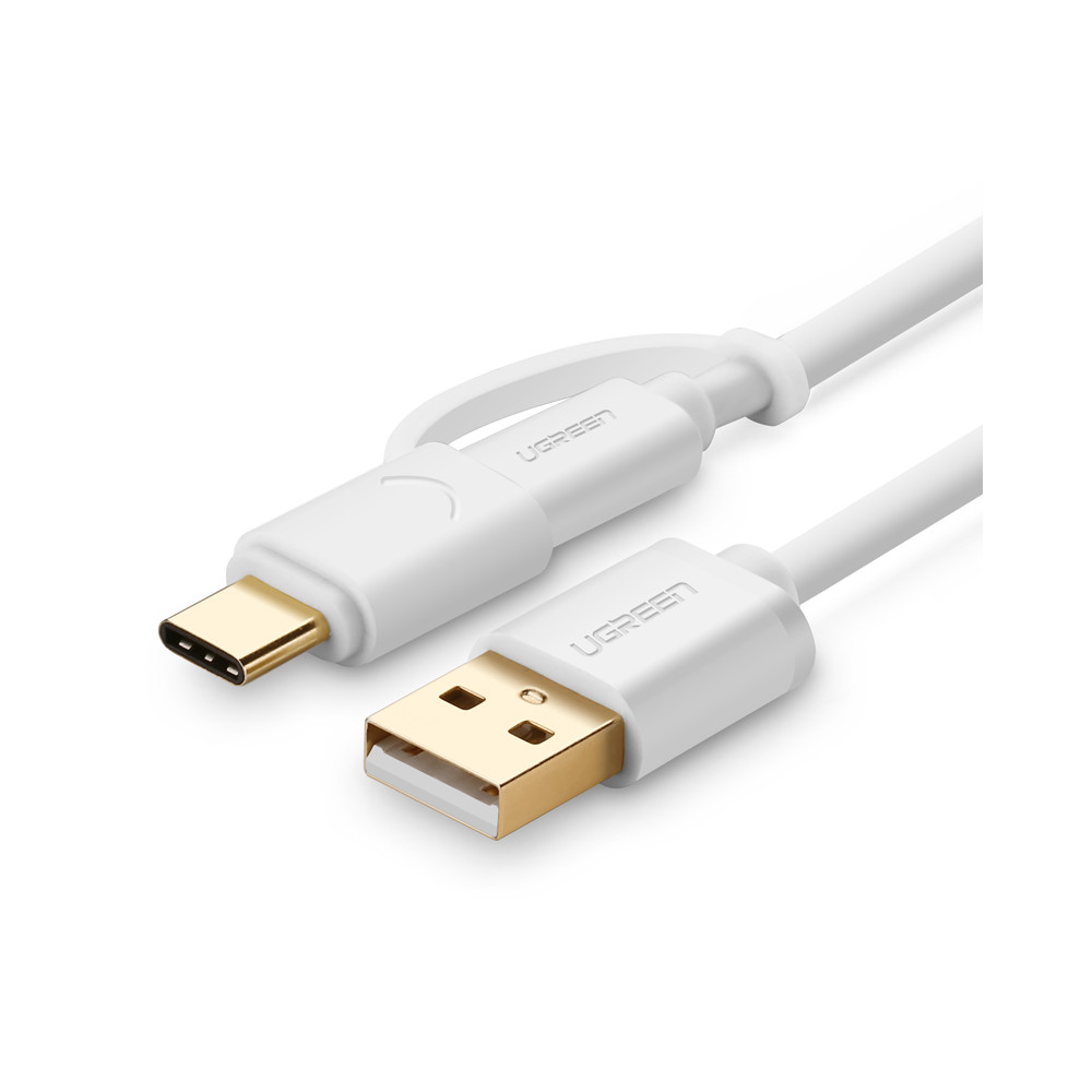UGREEN 6957303831715 30171 USB 2.0 Type A Male to Micro USB & Type-C Cable White 1M - Image 1
