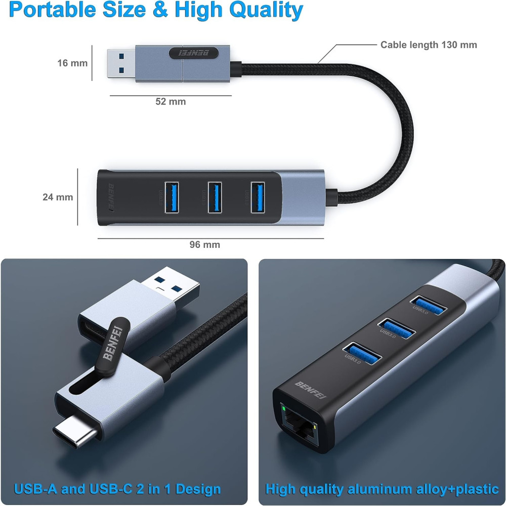 BENFEI B0CC4RDGXN 000350GY 2-in-1 USB-C+USB 3.0 to RJ45 Gigabit Ethernet Port + 3-Port USB 3.0 HUB - Image 5