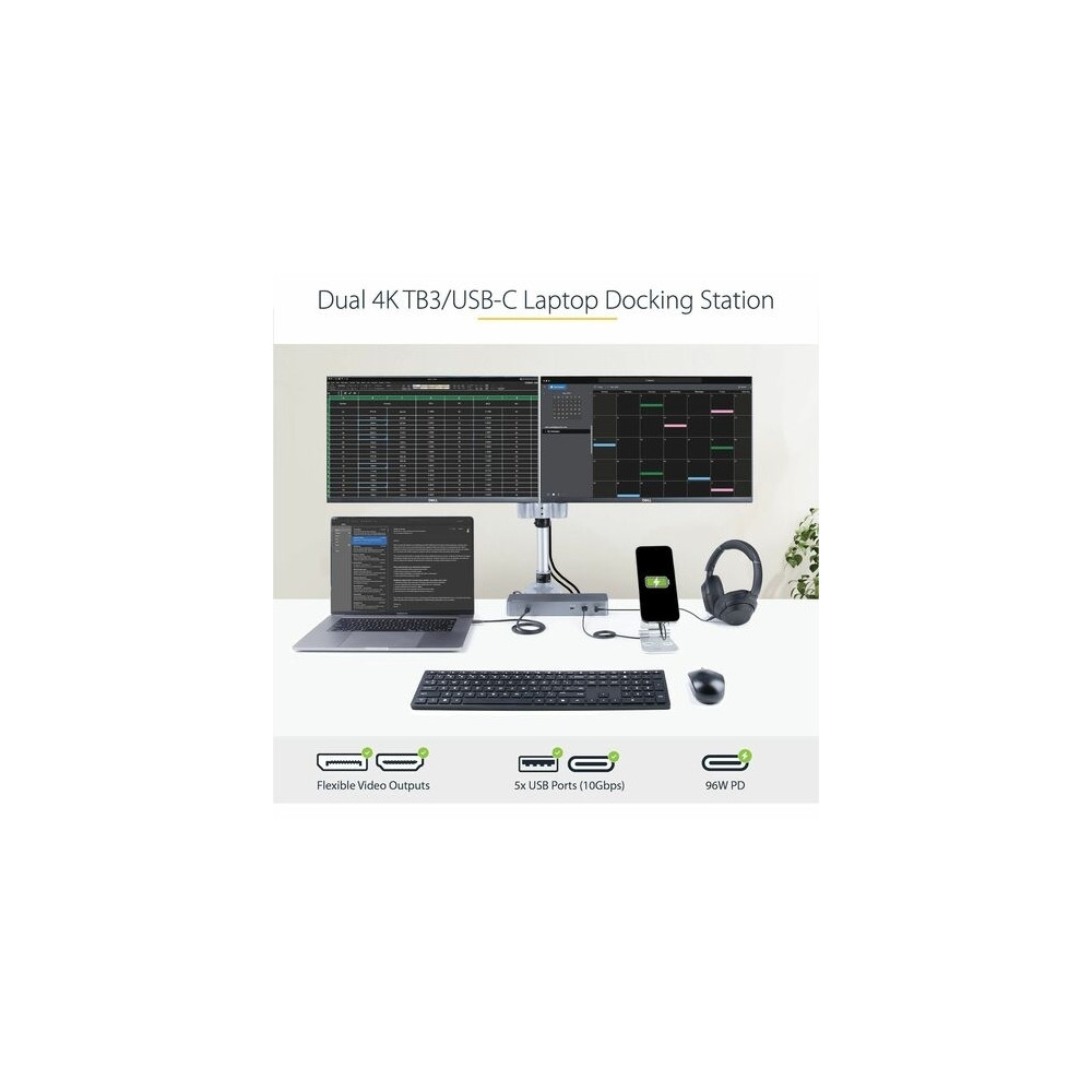 StarTech TB3CDK2DH T/BOLT3 DOCK, DUAL 4KDISPLAY, HDMI(2), DP(2), USB-C, USB(5), RJ45, 96W, 3YRS