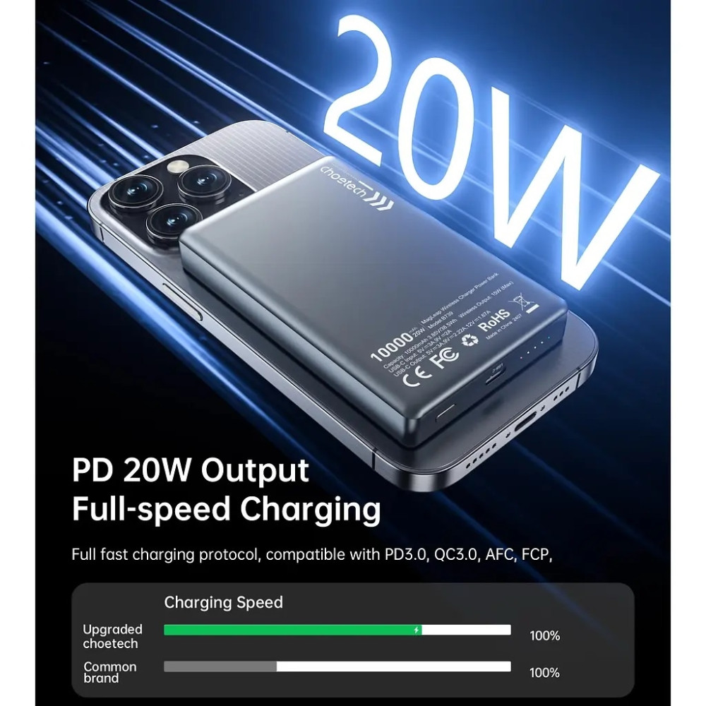 Choetech 6932112107930 B739-BK 20W Slim USB-C 10000mAh Magnetic Power Bank - Black - Image 4