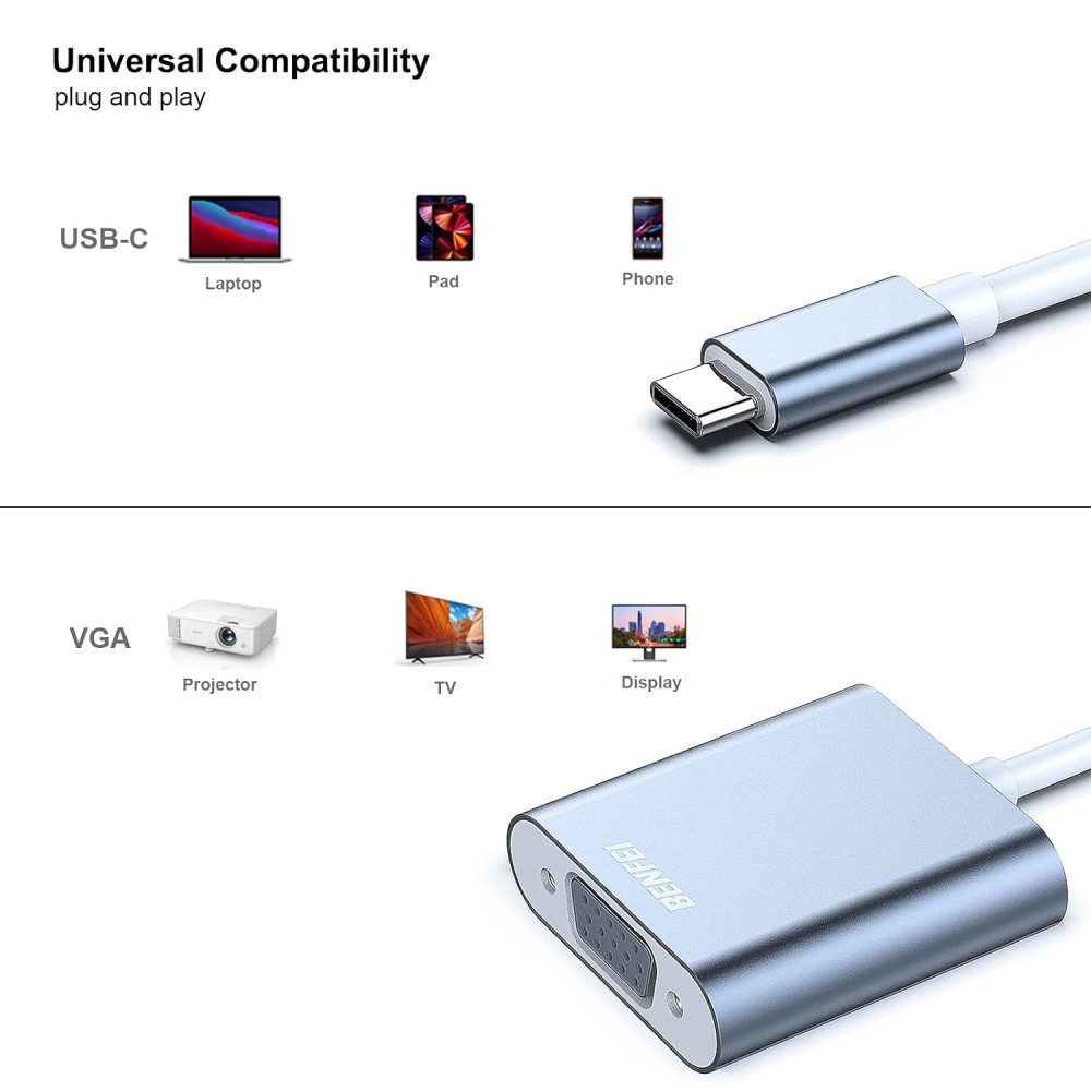 BENFEI B076X2XS9R 000165GY USB C to VGA Adapter, Thunderbolt 3/4 to VGA Adapter Compatible with iPhone 15/16, MacBook, iPad Pro, iMac, S23, XPS 17, Surface Book 3 and More - Image 5