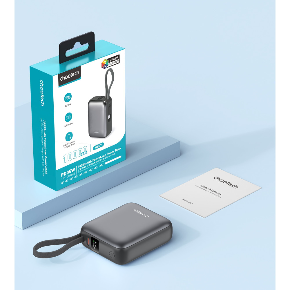 Choetech 6932112110329 B832-GY Mini 35W 10,000mAh Power Bank with LED Display + USB-C Cable Space Grey - Image 8