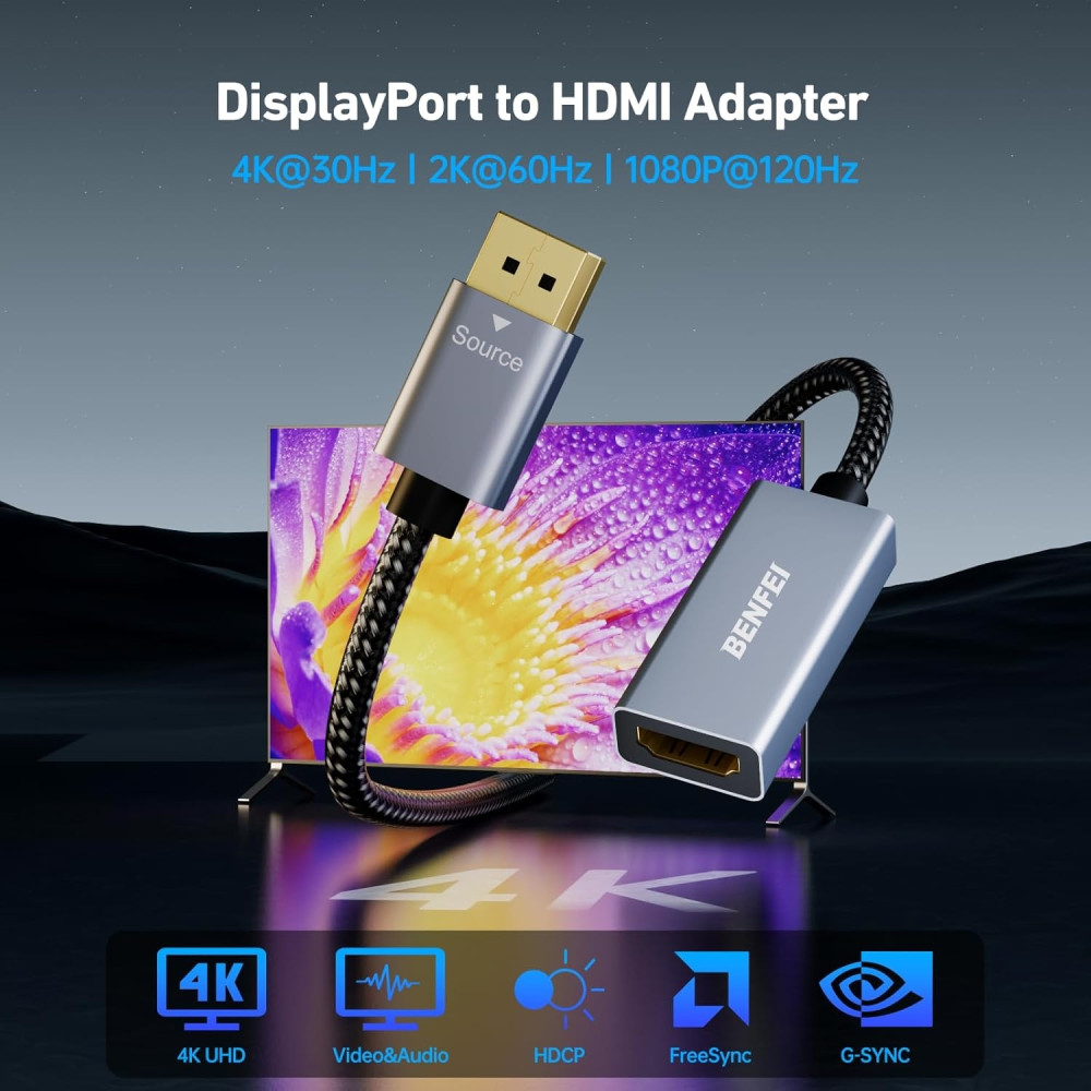 BENFEI B07JFTK8YV 000218GY 4K DisplayPort to HDMI Adapter Uni-Directional Aluminum Shell, Nylon Braided - Image 3