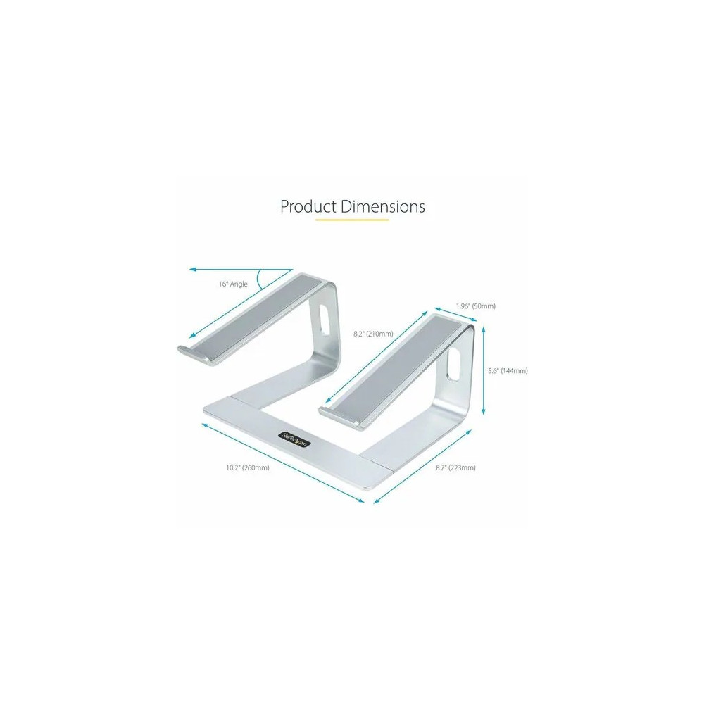 StarTech LAPTOP-STAND-SILVER Laptop Stand for Desk, Supports 5kg / 11lb, Aluminum, Silver, Ergonomic Laptop Riser, Portable Laptop Holder for Desk - Up to 43.2 cm (17") Screen Support - 50 kg Load Capacity - 14.5 cm Height x 22.4 cm Width - Desk, Desktop