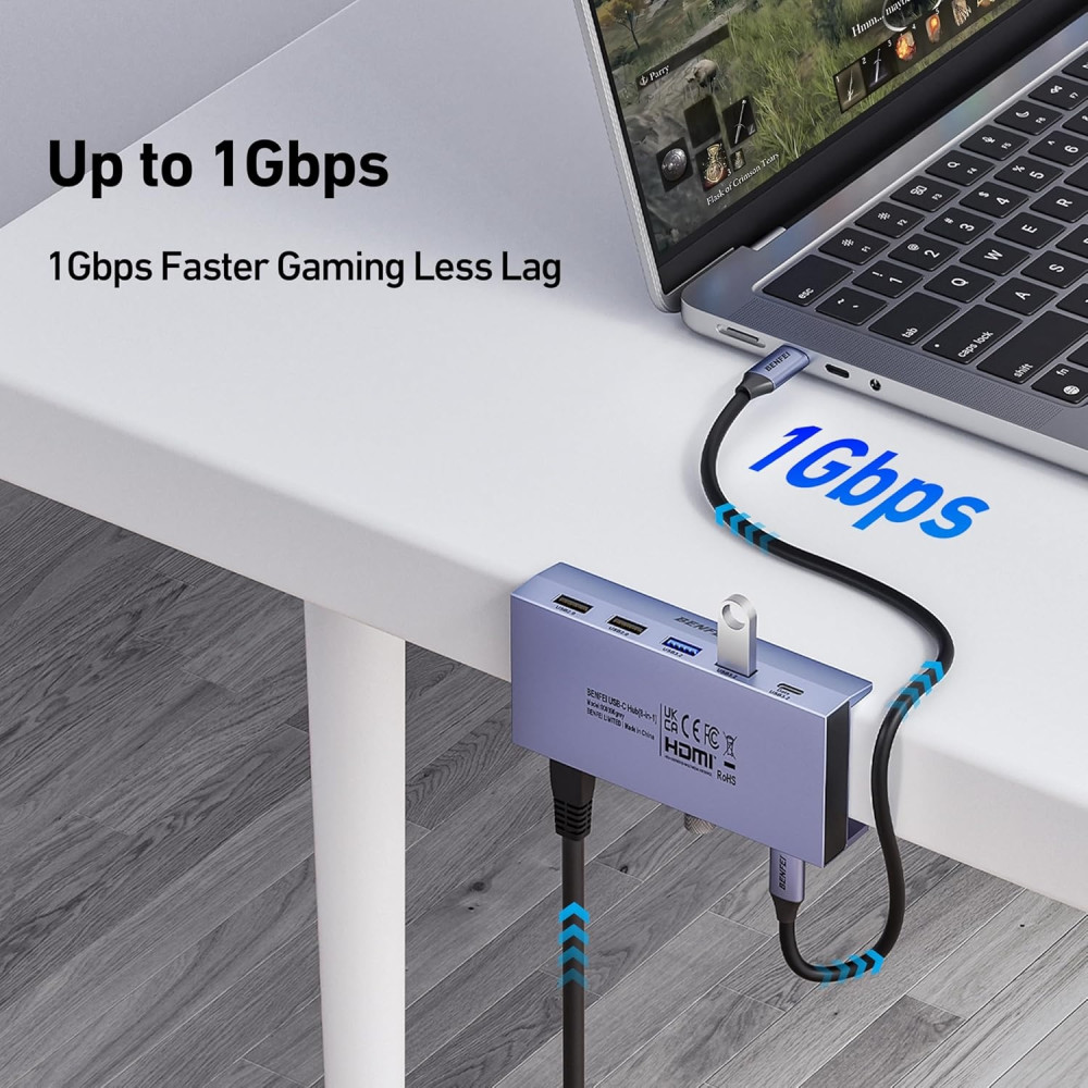 BENFEI 6971785944787 000396GY USB-C 8 in 1 Hub with Secure Clamp - 4K/60Hz HDMI + USB-C(10G)+ 2 * USB2.0 + 2 * USB3.0 + RJ45 +PD100W - Image 5