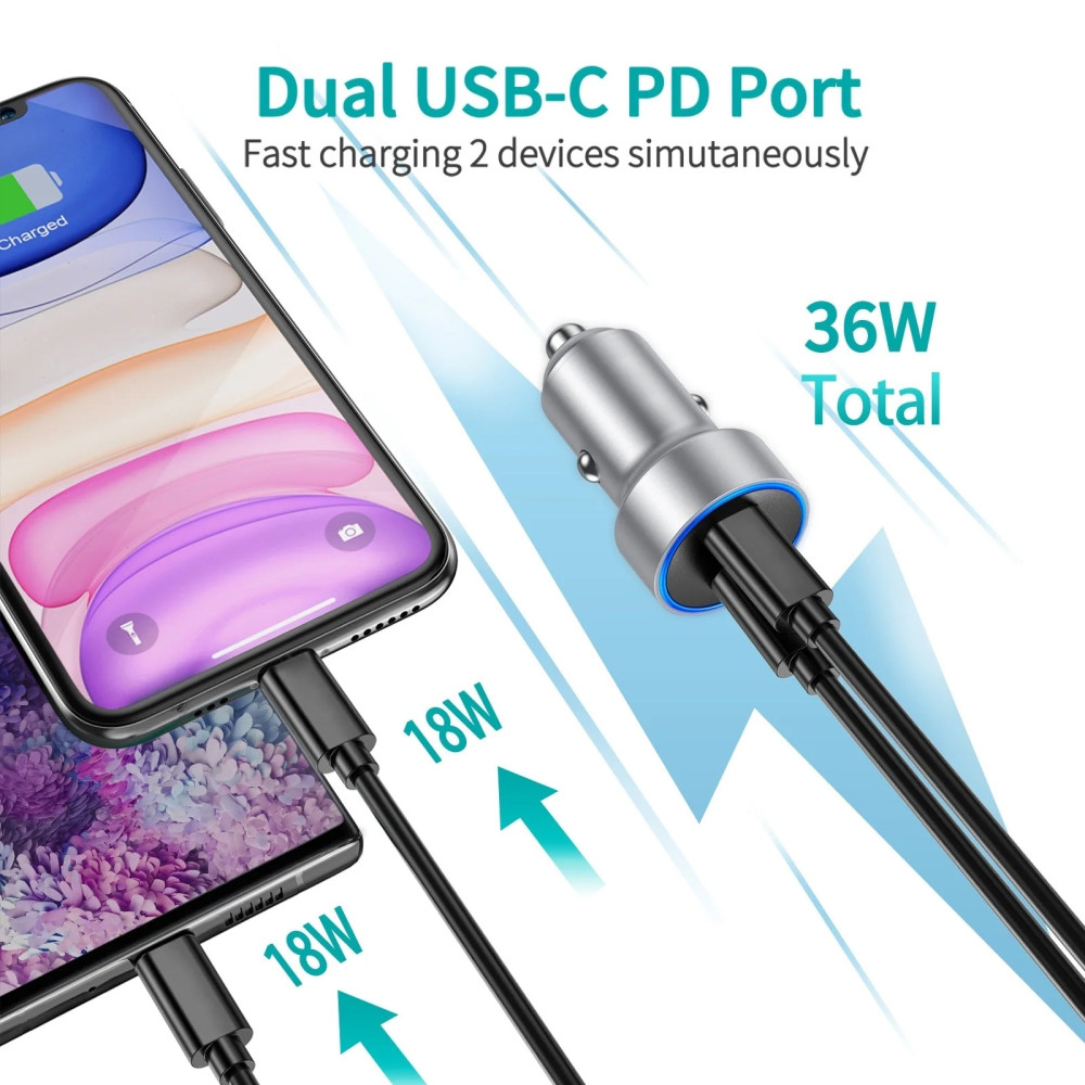 Choetech 6971824979718 C0054-SL Dual Port PD 40W USB-C Car Charger Adapter Silver - Image 5