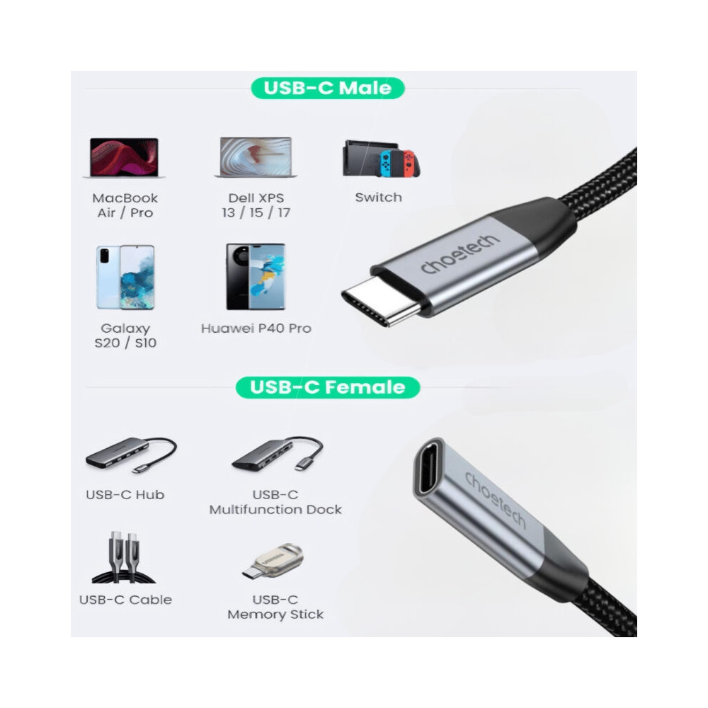 Choetech 6932112109064 XCC-1039 240W USB-C Extension Cable 10Gbps PD Fast Charging 2M Black - Image 1