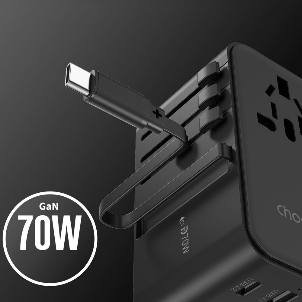 Choetech 6932112106896 PD5022 70W EU/US/AUS/UK Travel Adapter with Built-in USB-C Cable - Black - Image 2