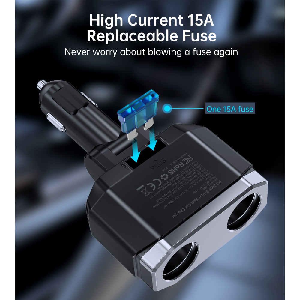 Choetech 6932112105905 TC0020 45W 2 Sockets + 2x USB-C + 1x USB-A Cigarette Lighter Splitter - Image 7