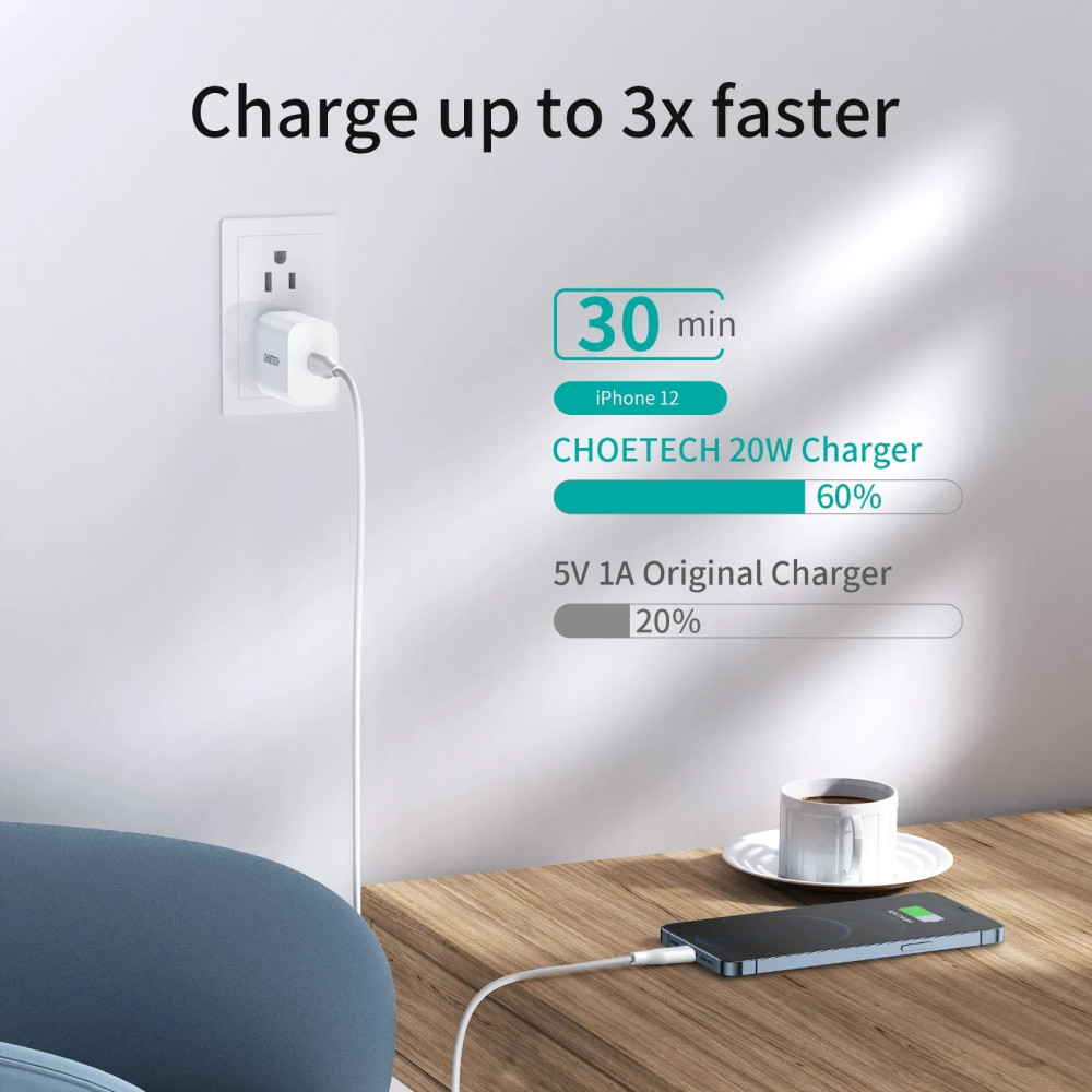 Choetech 6932112102881 Q5004-V2 20W USB-C Fast Charger + 1.2M lightning Cable - Image 5