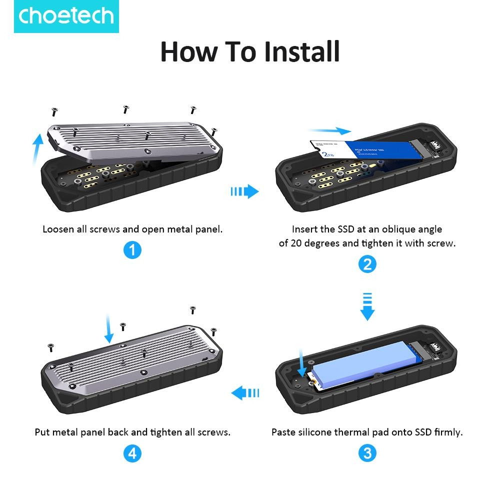 Choetech 6932112109088 Chotech MSE004 USB3.2 Chips M.2 NVME / SATA SSD Protocol 10Gbps Transfer Speed Enclosure with IP65 water-Proof and Dust -Proof (Support 8TB Max) - Image 6