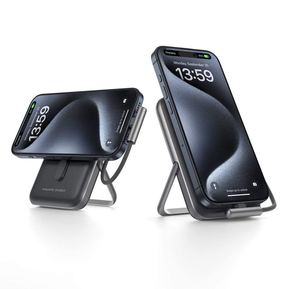 Choetech 6932112108463 B735BK 10000mAh 20W MagLeap Wireless Power Bank Black with Phone Holder & Build-in Cable - Image 3