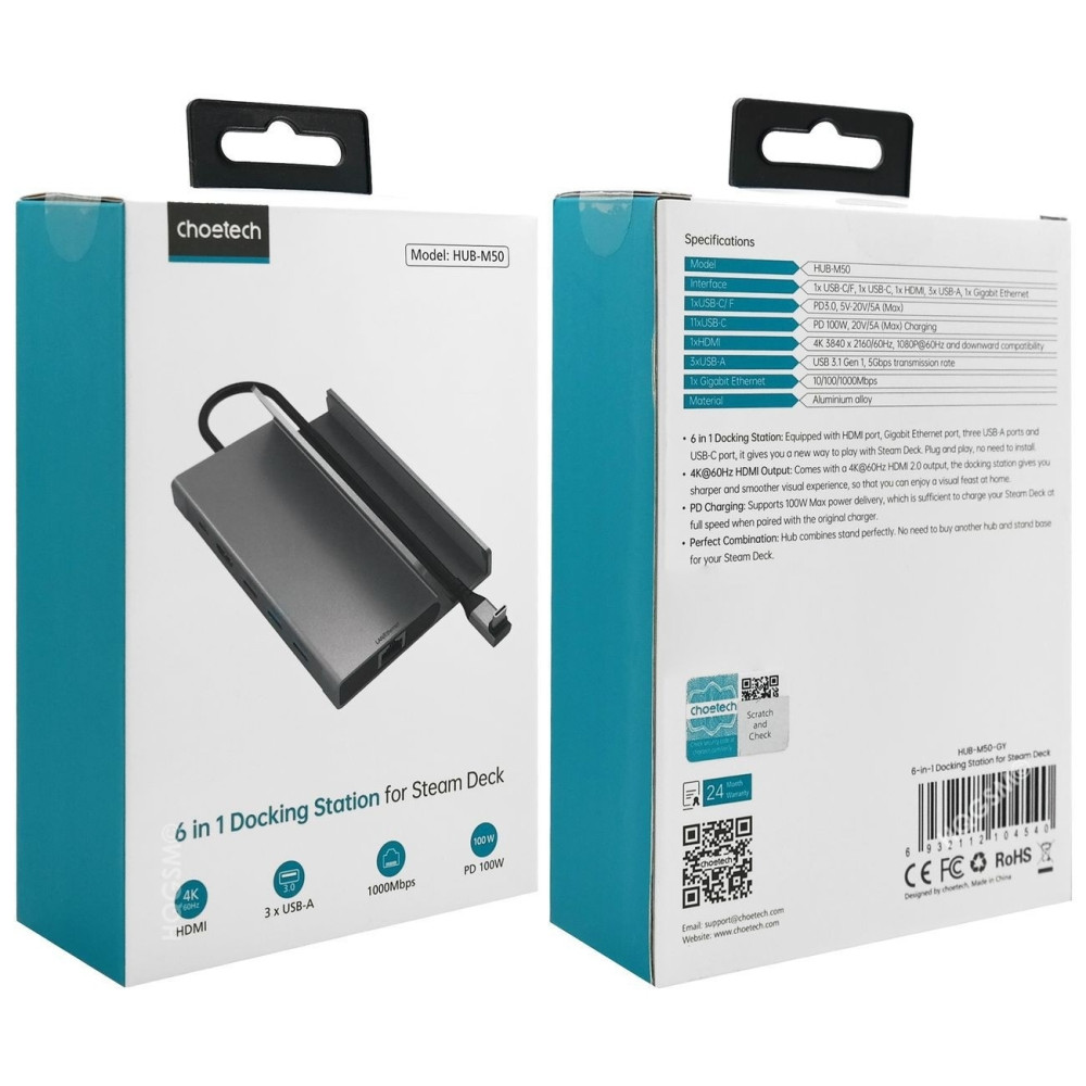 Choetech 6932112104540 HUB-M50 6-in-1 USB-C 100W Aluminum Steam Deck™ Docking Station - Image 7