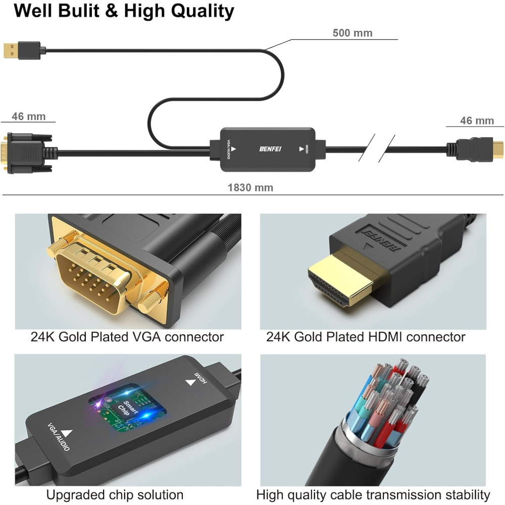 BENFEI B08MF2L1ZF 000324BK VGA to HDMI Cable with Audio, 1080P Uni-Directional 1.8M Cable - Image 6