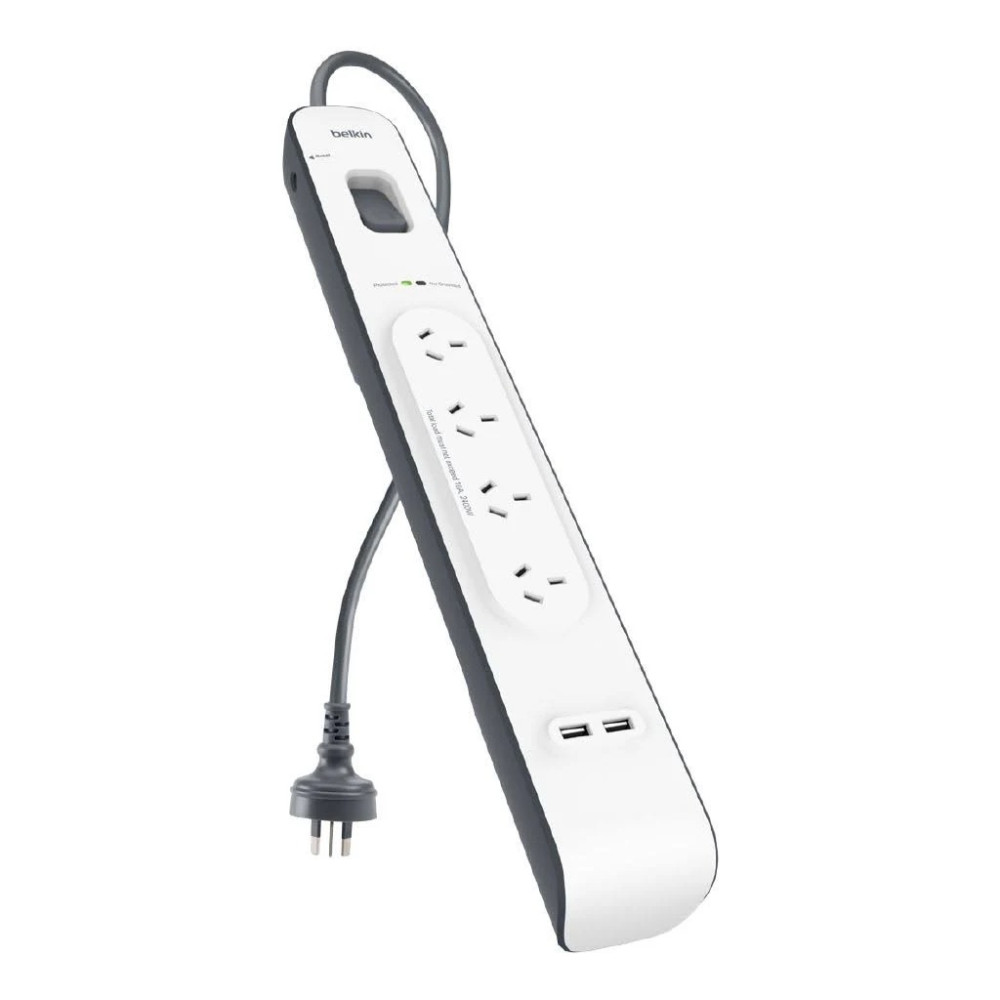 Belkin BSV401AU2M SurgePlus 4-Outlet Surge Protector With Dual USB Port 2.4 Amp-White,Heavy Duty 2M Power Cord,525 Joules,$20000 CEW,2 Years Warranty - Image 1