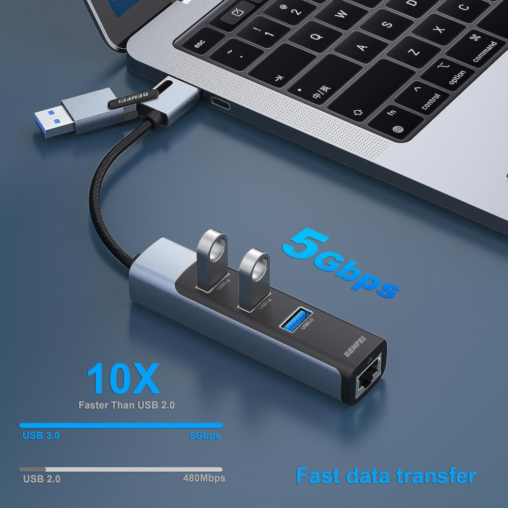 BENFEI B0CC4RDGXN 000350GY 2-in-1 USB-C+USB 3.0 to RJ45 Gigabit Ethernet Port + 3-Port USB 3.0 HUB - Image 4