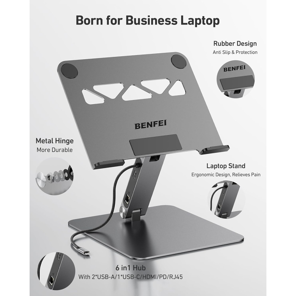 BENFEI 6971785944763 000398GY Laptop Stand + USB-C 6in1 HUB HDMI+USB-C(10G)+RJ45+2*USB-A(10G)+PD - Image 8