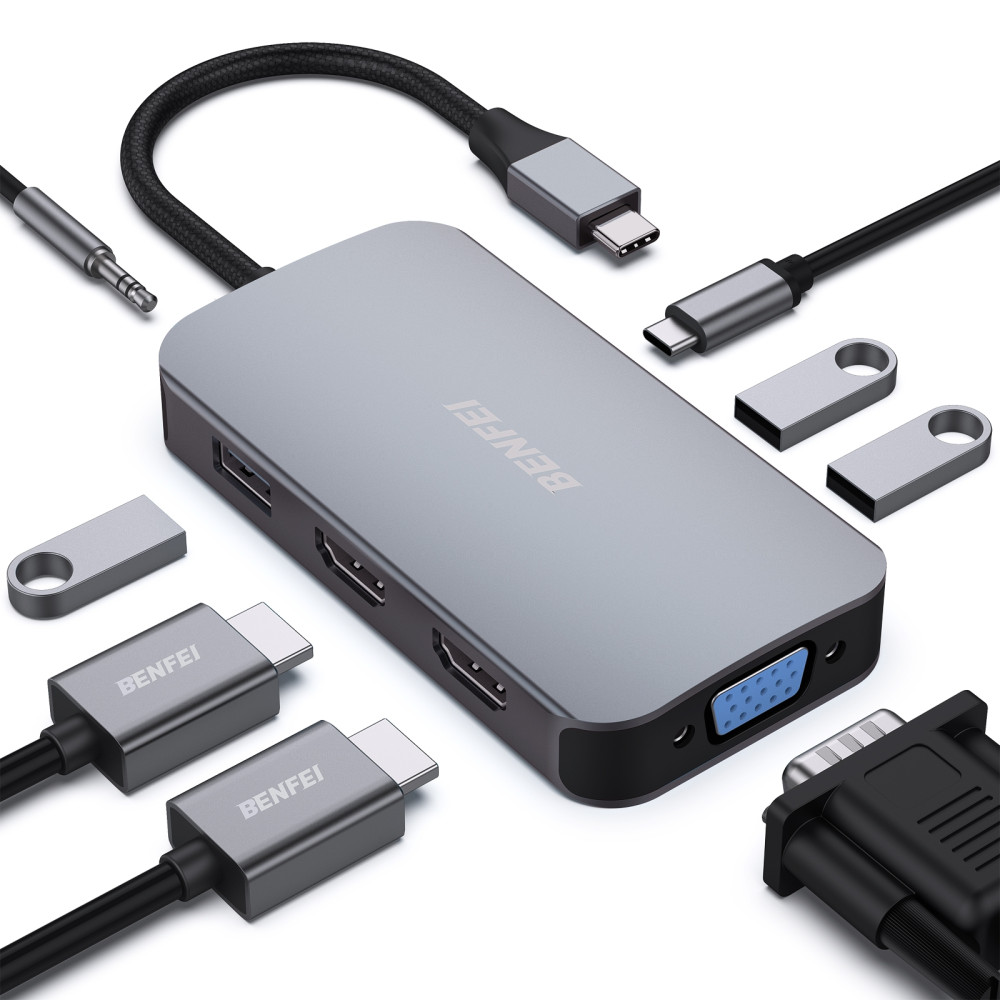 BENFEI 6971785944190 000335GY USB-C Hub with Triple Display, 8-in-1 Docking Station (100W PD, Dual 4K HDMI, VGA, 3x USB 3.0) - Image 1
