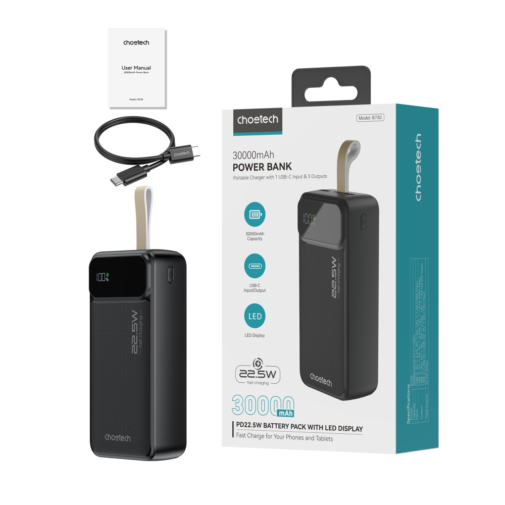 Choetech 6932112106858 B730 30000mAh Power Bank PD22.5W with Digital Display Black - Image 11