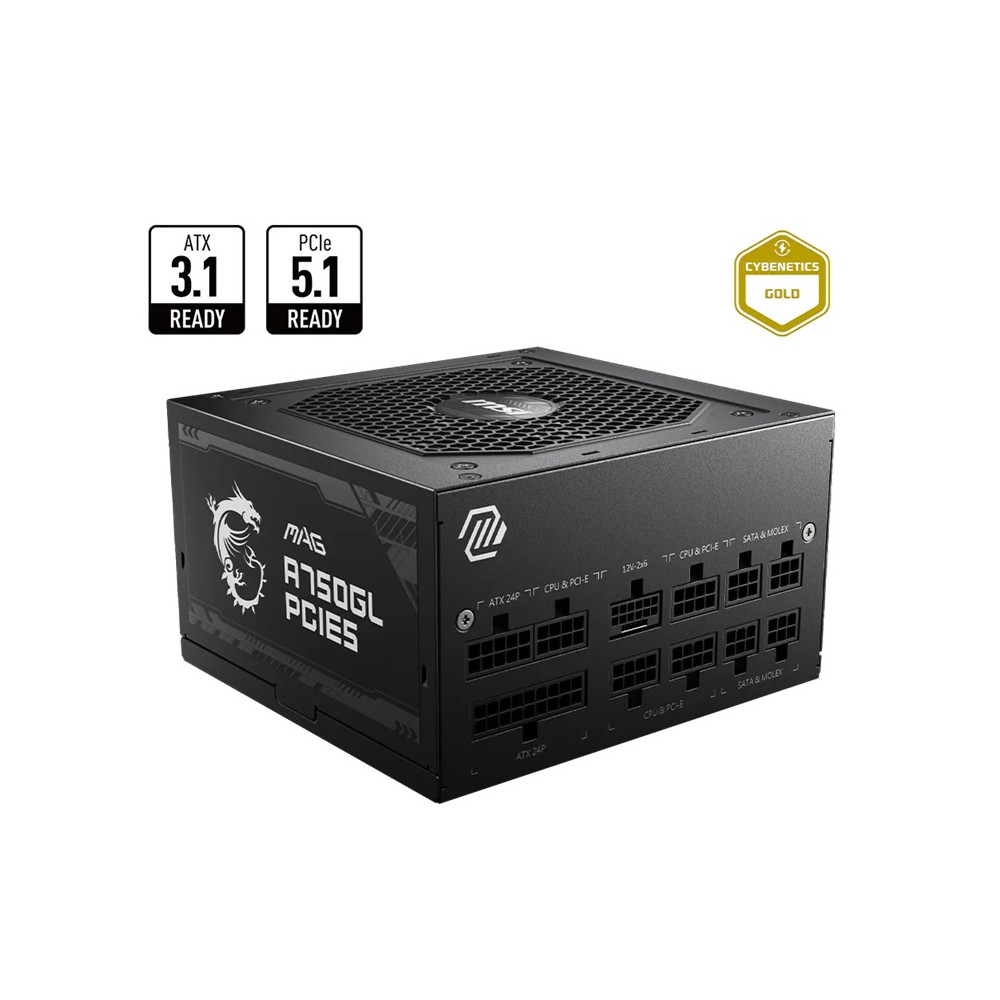 MSI MAG A750GL PCIE5 II BULK – 750W ATX 3.1, 80+ Gold, full modular, PCIe 5.0 16-pin, 3x PCIe 6+2, 8x SATA, FDB fan, OCP/OVP/OPP/OTP/SCP/UVP, 120mm - Image 1