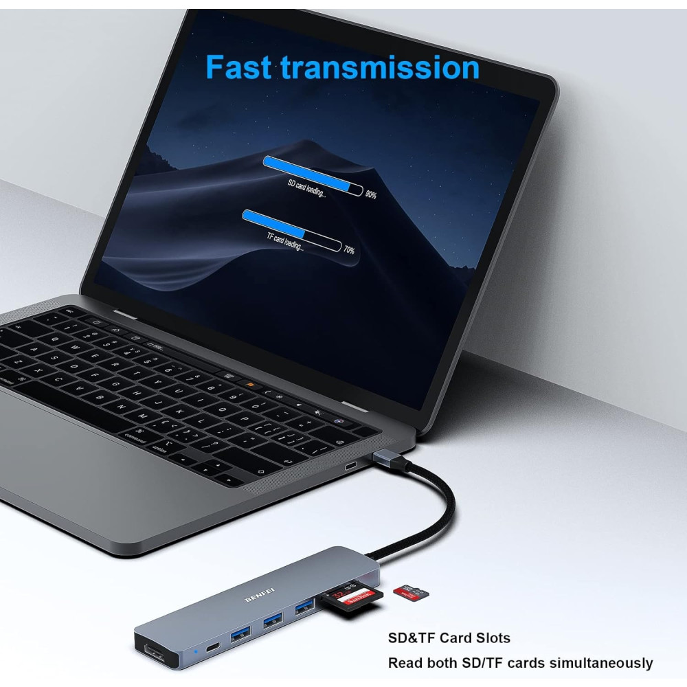 BENFEI 6971785943032 000307GY USB-C 7in1 Multi-port HUB with USB-C to HDMI, SD/TF Card Reader/3*USB 3.0/60W PD