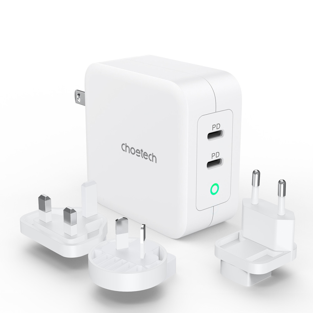 Choetech 6932112105868 PD6008 GAN dual USB-C 100W AC adapter + Free travel charger ( US/EU/UK/AU) White - Image 1