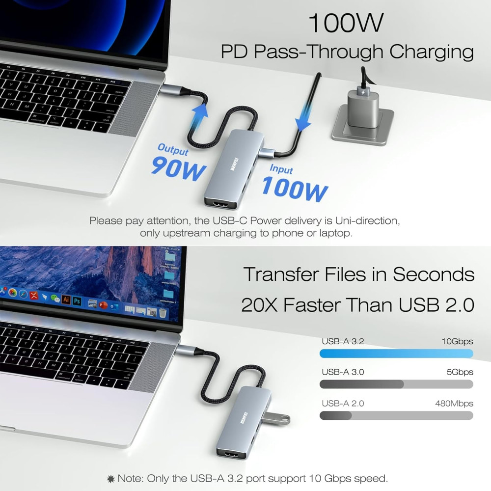 BENFEI B0CSYYKB97 000360GY USB-C Hub 5-in-1 with 4K HDMI(Certified) 3 x USB-A, 100W PD, Silicone and Woven Design Cable, Aluminum Case - Image 5
