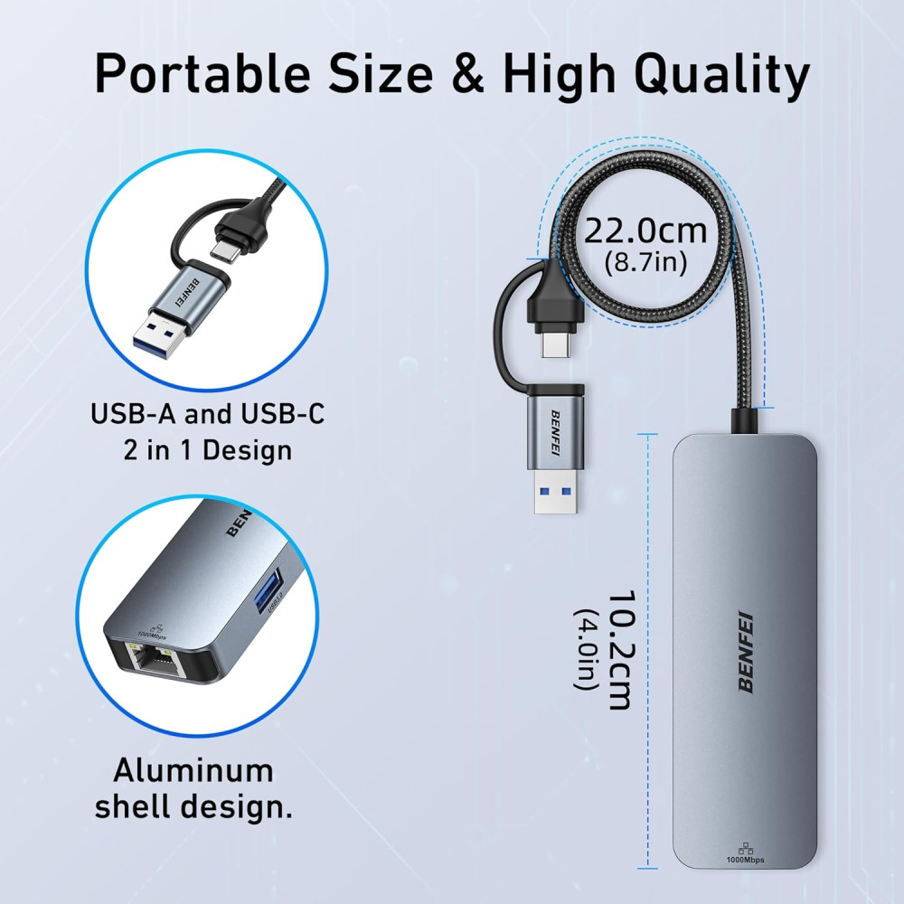 BENFEI 6971785943582 000386GY USB-C + USB 3.0 to Gigabit RJ45 + 3 Port USB 3.0 Hub Compatible with Mac - Image 6