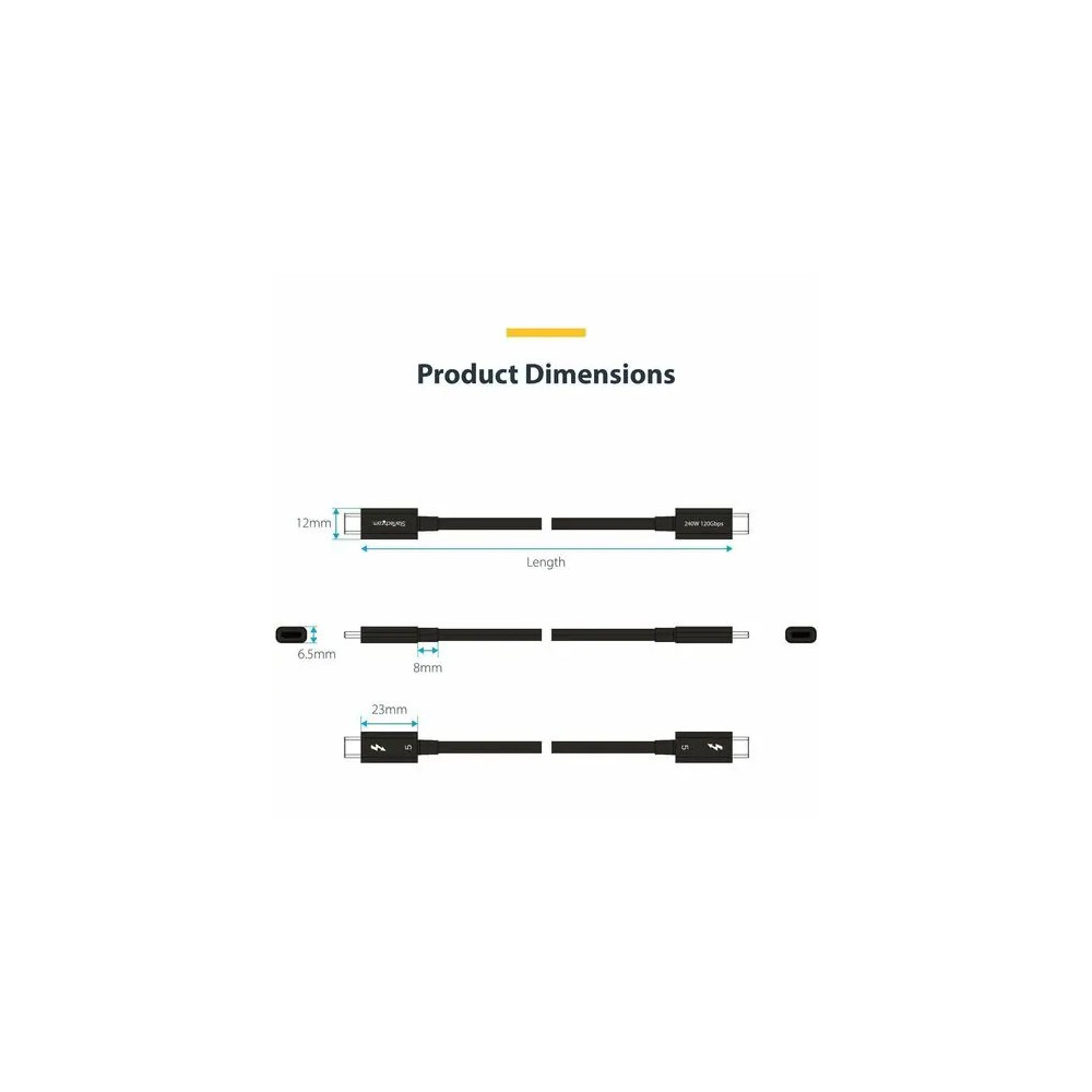StarTech TBLT5MM50CM240W 1.5ft (50cm) Thunderbolt 5 Cable, 80Gbps/120Gbps, 240W PD, 8K 60Hz, Certified Thunderbolt Cable, Compatible w/TB4/USB-C - Certified Thunderbolt 5 Cable supports bidi 80Gbps/8K 60Hz/240W PD; Ideal for high performance lap - Image 7