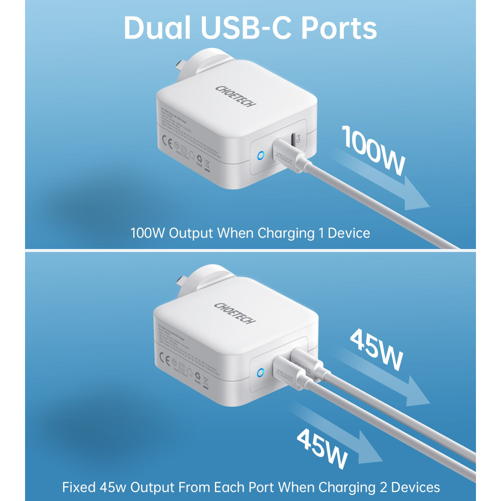 Choetech 6932112105868 PD6008 GAN dual USB-C 100W AC adapter + Free travel charger ( US/EU/UK/AU) White - Image 5