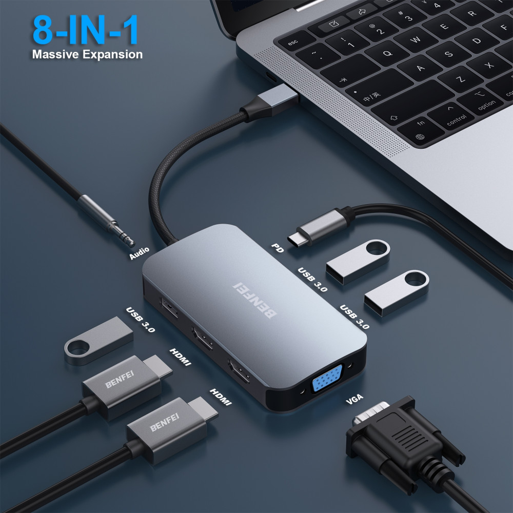 BENFEI 6971785944190 000335GY USB-C Hub with Triple Display, 8-in-1 Docking Station (100W PD, Dual 4K HDMI, VGA, 3x USB 3.0) - Image 2