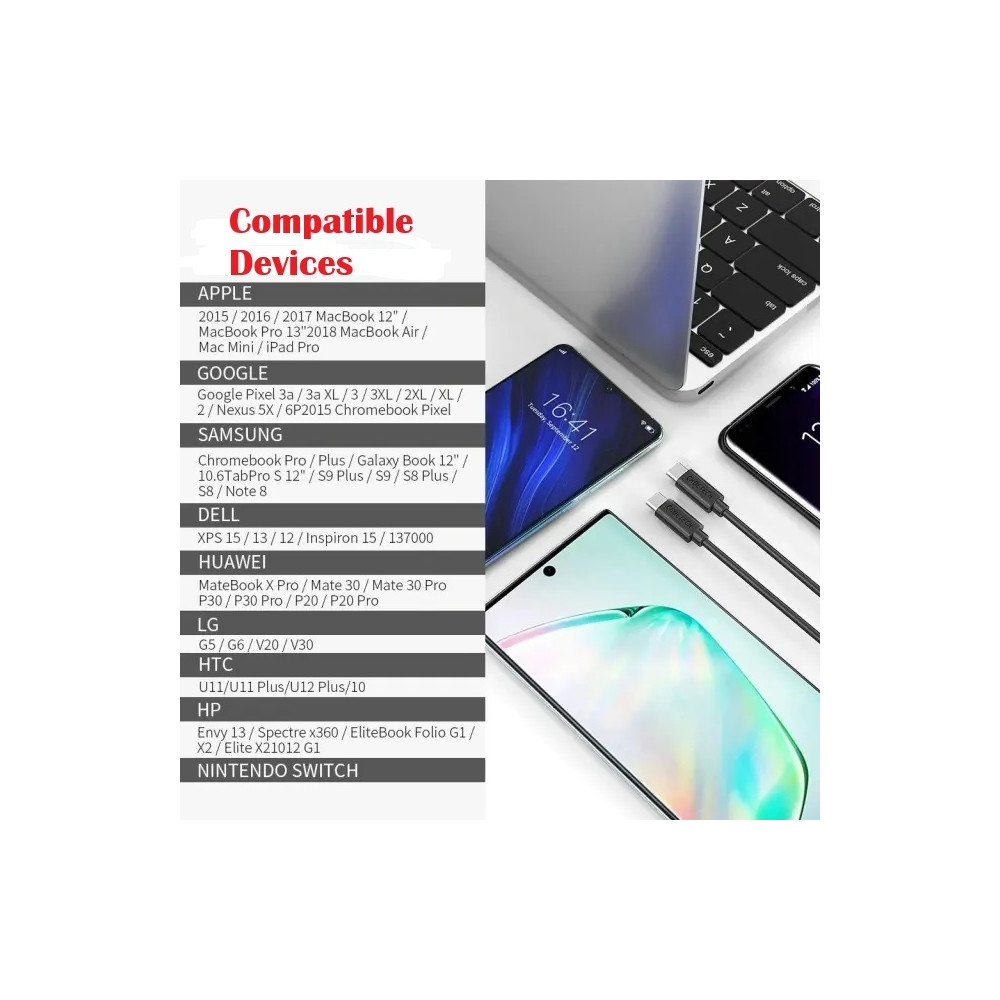 Choetech 6971824971514 CC0003 USB-c to USB-C Cable USB3.1 3A 60W 2M Black - Image 1