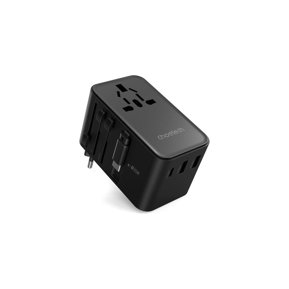 Choetech 6932112106872 PD5020 35W EU/US/AUS/UK Travel Adapter with Built-in USB-C Cable - Black - Image 1