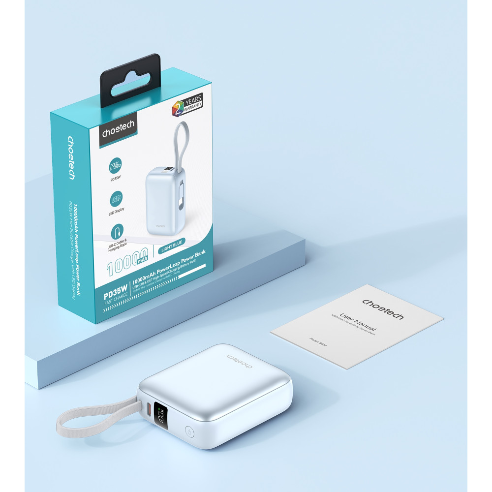 Choetech 6932112110343 B832-BL Mini 35W 10,000mAh Power Bank with LED Display + USB-C Cable Light Blue - Image 7
