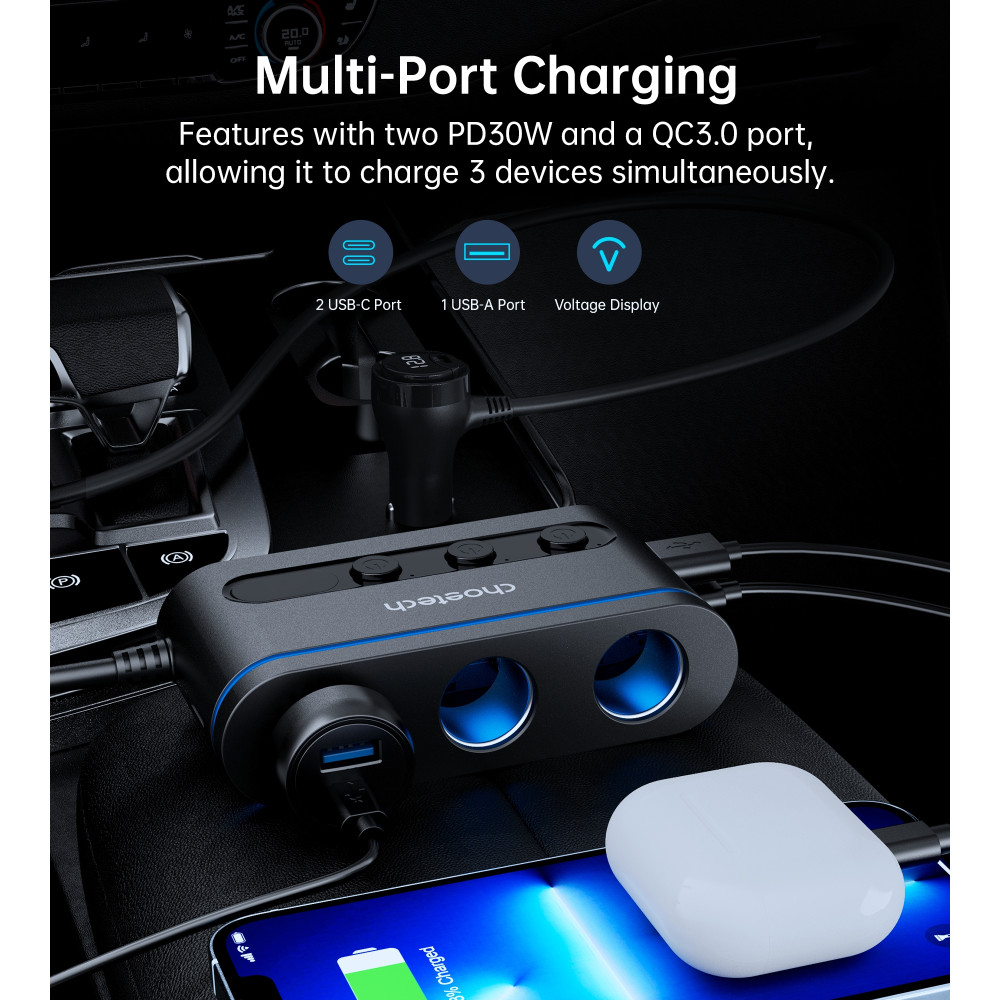 Choetech 6932112105912 TC0021 78W 3-in-1 Car Charger 3 Sockets 2x USB-C 30W PD 1x USB-A - Image 4