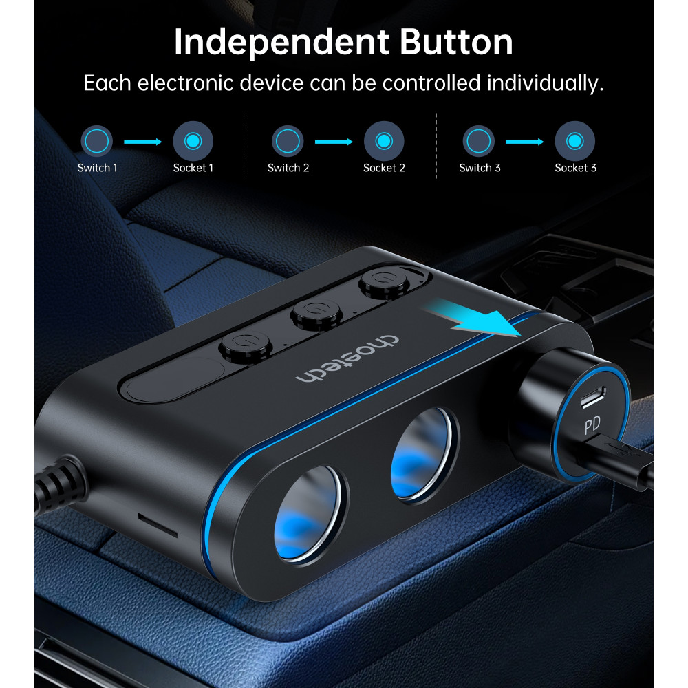 Choetech 6932112105912 TC0021 78W 3-in-1 Car Charger 3 Sockets 2x USB-C 30W PD 1x USB-A - Image 6