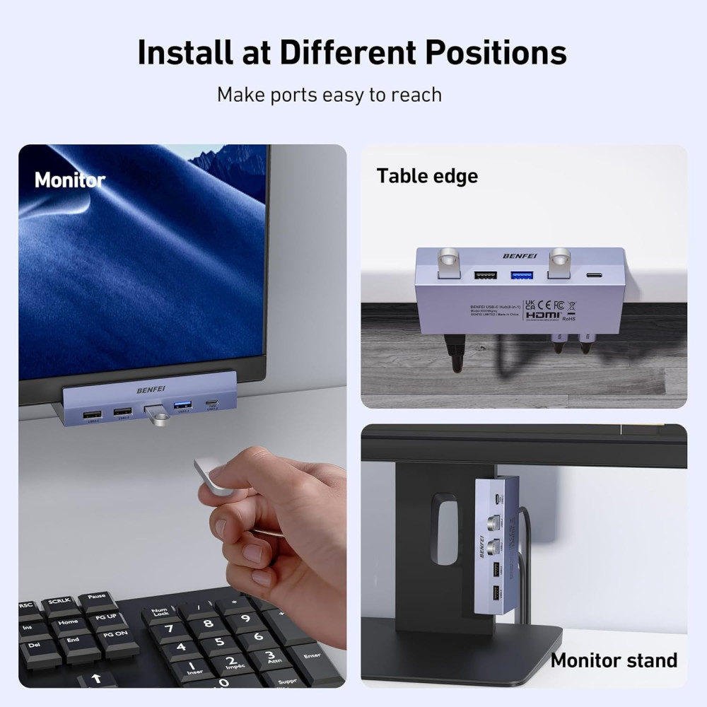 BENFEI 6971785944787 000396GY USB-C 8 in 1 Hub with Secure Clamp - 4K/60Hz HDMI + USB-C(10G)+ 2 * USB2.0 + 2 * USB3.0 + RJ45 +PD100W - Image 6