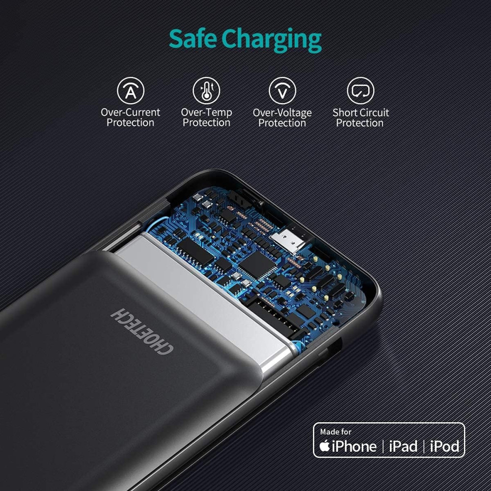 Choetech 6971824976045 B688-BK 10000mAh MFi Certified PD18W Power Bank (with 2 cables) - Image 5